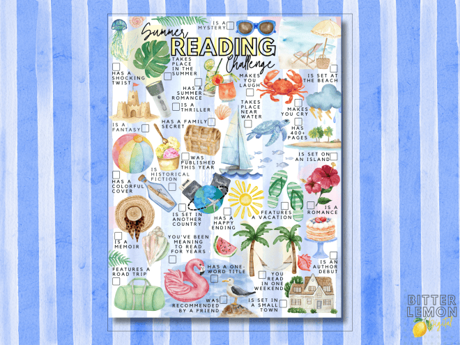 A colorful summer reading challenge board featuring various prompts related to book genres and themes, including mystery, romance, and vacation settings, surrounded by illustrations of tropical elements like leaves, sunglasses, and beach items.