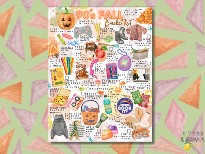 A colorful graphic titled '90's Fall Bucket List' featuring various autumn activities and nostalgic items such as a carved pumpkin, marshmallows, oversized flannel, and video game references.