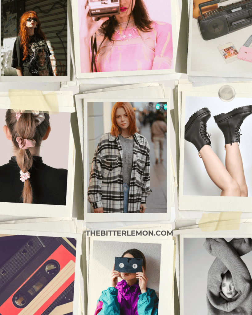 Collage of vintage-style photos featuring models with red hair in various outfits and poses.