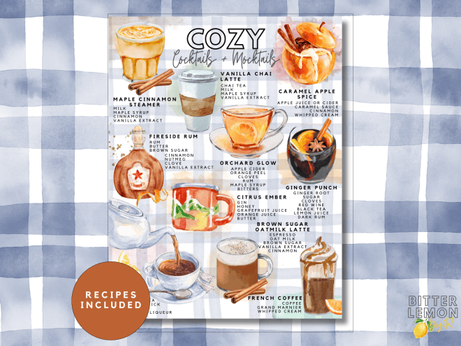 A colorful recipe card titled 'Cozy Cocktails & Mocktails' featuring illustrated drinks such as Maple Cinnamon Steamer, Vanilla Chai Latte, and Caramel Apple Spice. Each drink is accompanied by a brief list of ingredients, with a note 'Recipes Included' prominently displayed.