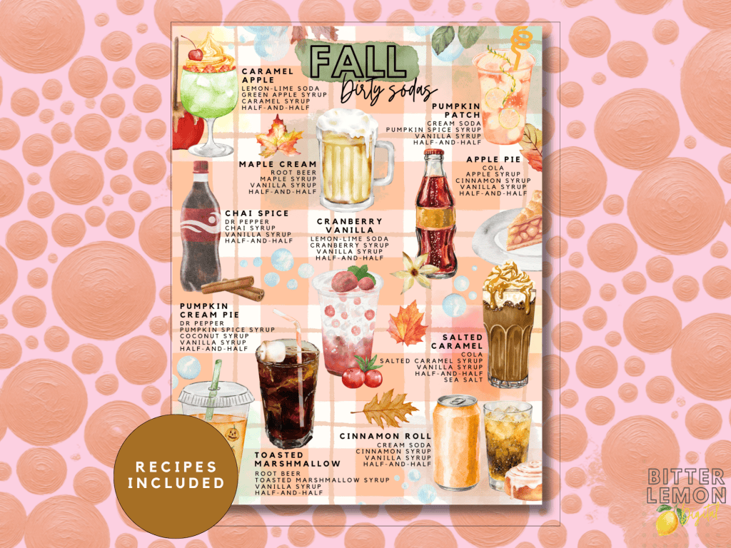 A colorful graphic featuring various fall-inspired soda recipes, including Caramel Apple, Maple Cream, Chai Spice Dr Pepper, Cranberry Vanilla, Pumpkin Patch, Apple Pie, and more, all displayed on a pastel background with decorative elements.