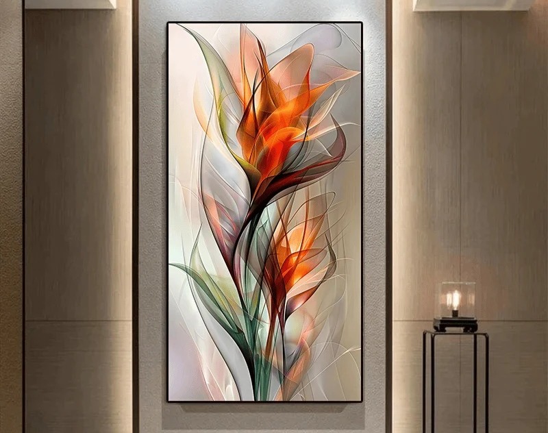 A vibrant abstract painting featuring stylized flowers in shades of orange and green, displayed on a wall with a subtle texture.