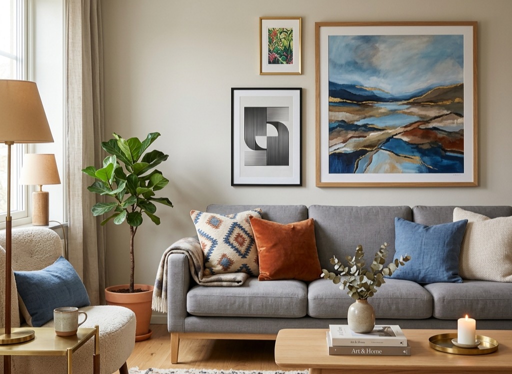 A cozy living room featuring a gray sofa adorned with colorful pillows, a wooden coffee table with books and a candle, artwork on the walls, and a potted plant near a floor lamp.