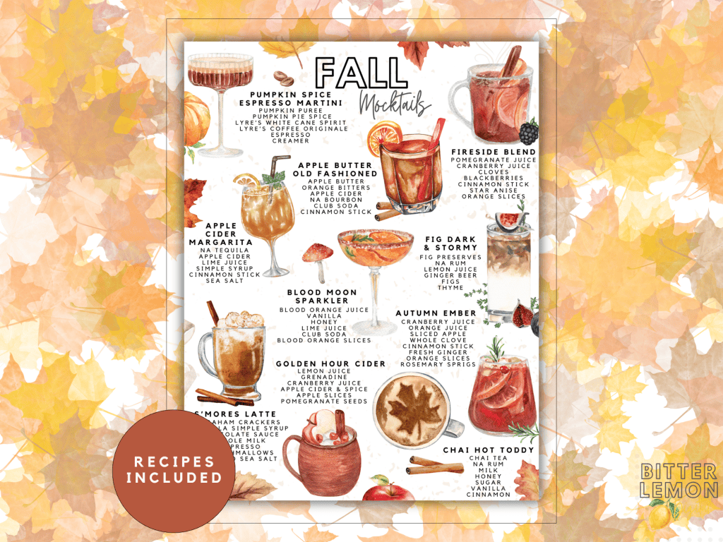 A colorful fall cocktail recipe poster featuring various autumn-themed drinks like Pumpkin Spice Espresso Martini, Apple Cider Margarita, and Chai Hot Toddy, surrounded by autumn leaves.